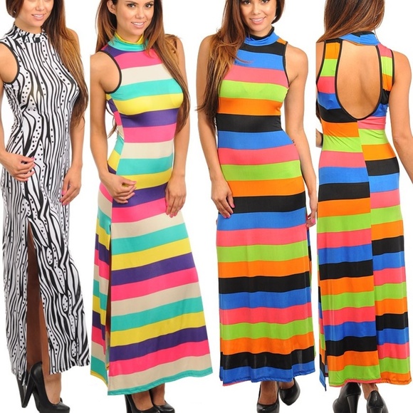 Maxi dress Dresses & Skirts - Dress High Turtle Neck Cutout Striped rainbow